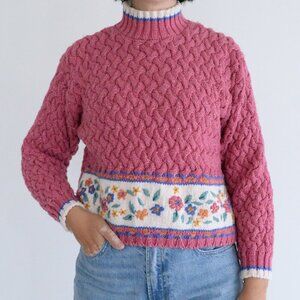 Vintage Lizwear Pink & White Floral Cross Pattern Knit Mockneck Sweater L